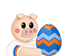 Ein lächelndes cartoonhaftes Schwein mit einem großen bunten Osterei