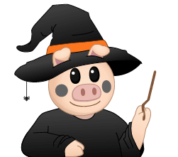 Ein lächelndes cartoonhaftes Schwein im Hexenkostüm und Zauberstab
