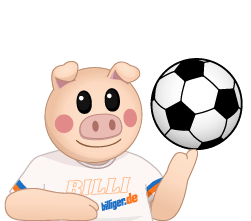 Ein lächelndes cartoonhaftes Schwein wirft einen Fußball in die Höhe