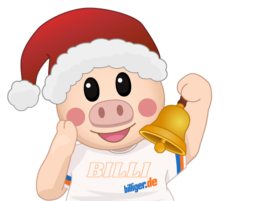 Ein lächelndes, cartoonhaftes Schwein in einem weißen T-Shirt das den Schriftzug ‚BILLI‘ trägt, stützt seinen Kopf entspannt auf seinem Arm ab